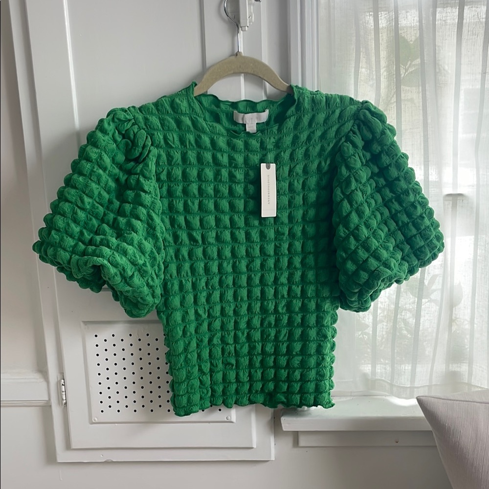 Green Puff Sleeve Boxy Ruffled Top